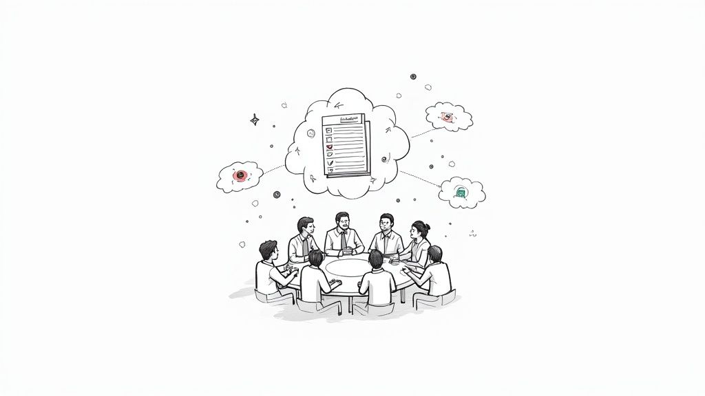 A team collaborating around a computer screen showing charts and graphs.