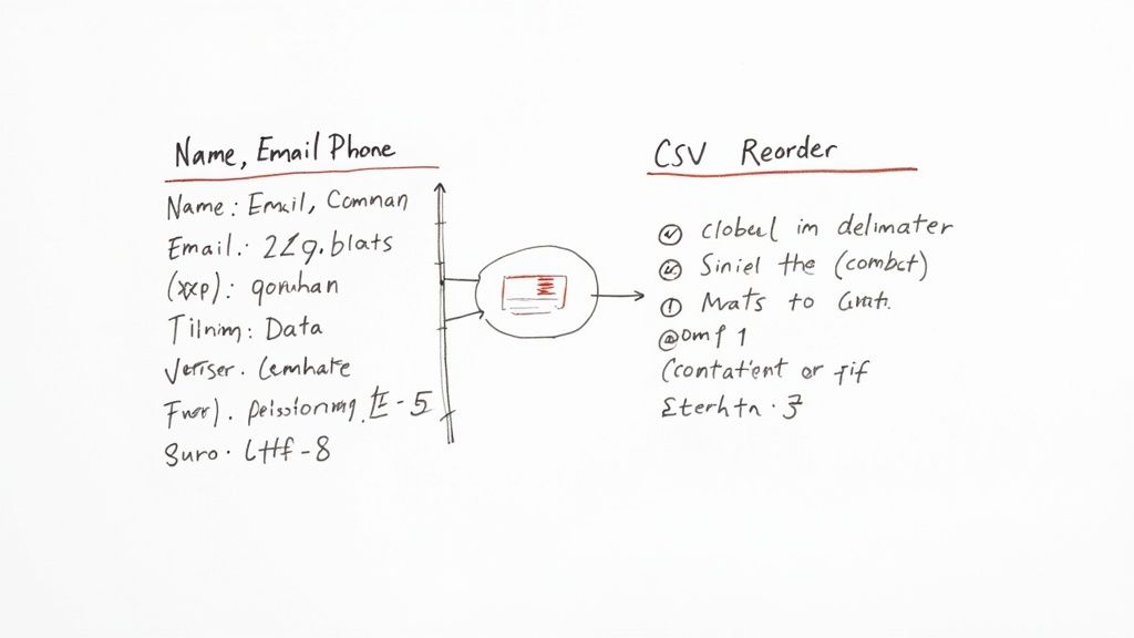 A diagram illustrating the components of a CSV file, with labels pointing to the header row, records, fields, and delimiters.