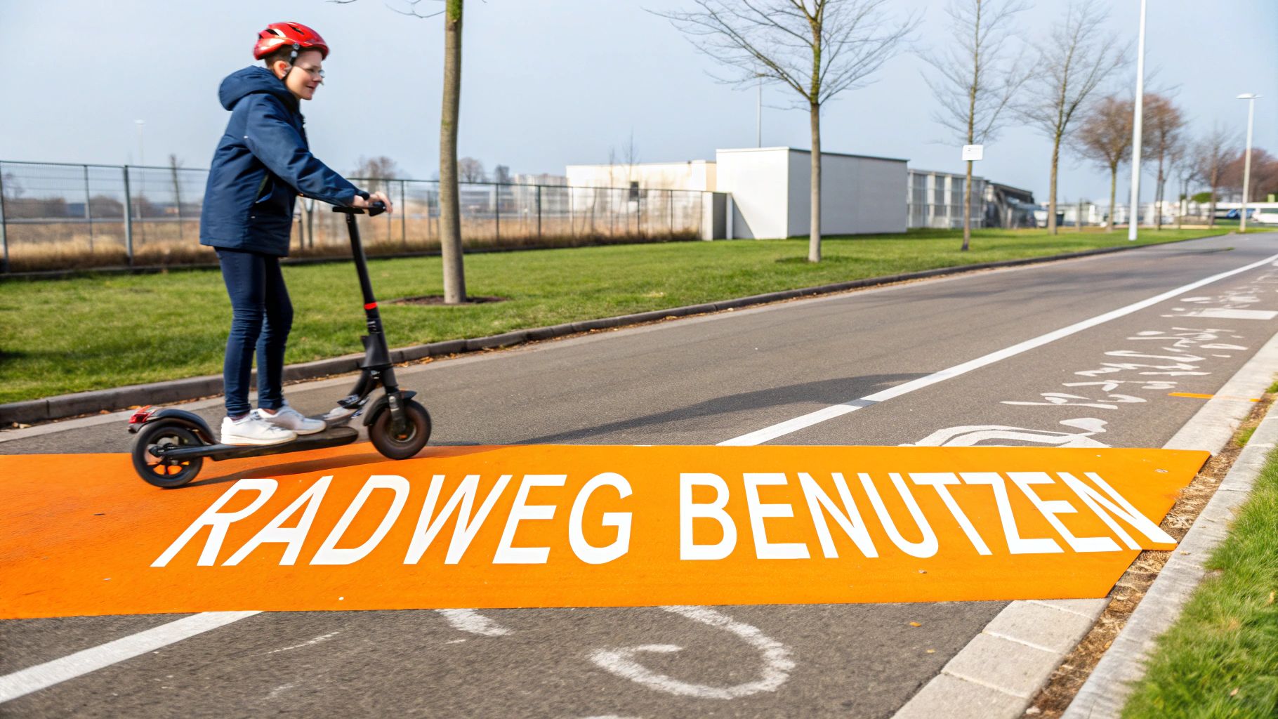 Ein junger Mensch mit rotem Helm fährt auf einem E-Scooter auf einem Radweg. Am Boden steht "RADWEG BENUTZEN".