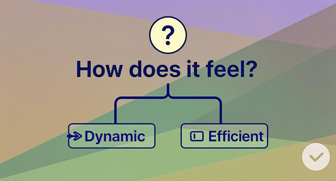 Ein Diagramm fragt 'Wie fühlt es sich an?' mit den Optionen 'Dynamisch' und 'Effizient'.