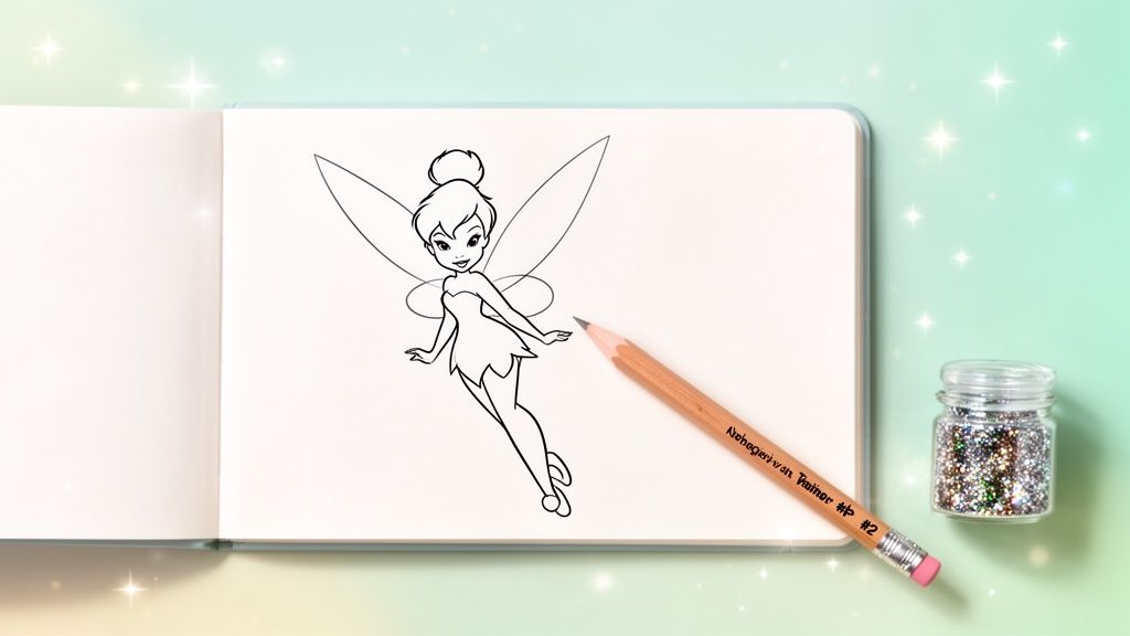 A hand-drawn outline of Tinkerbell in a sketchbook, next to a pencil and a jar of glitter.