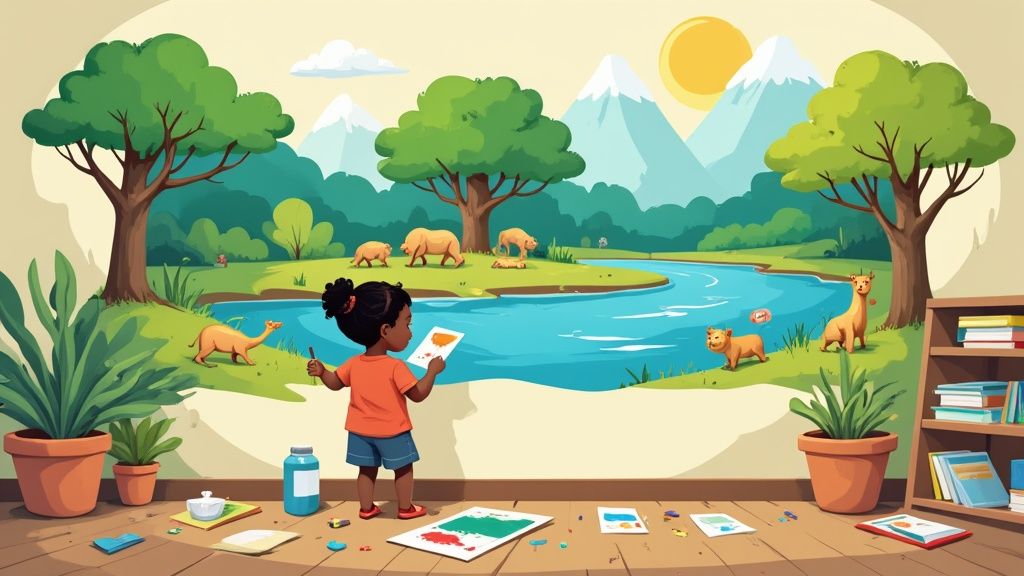 A child happily coloring with vibrant markers, fully engaged in a creative learning activity.