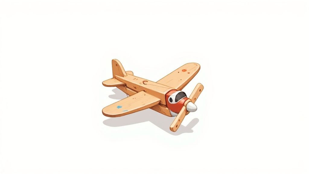 A simple, cute wooden toy airplane with a red nose and propeller on a white background.