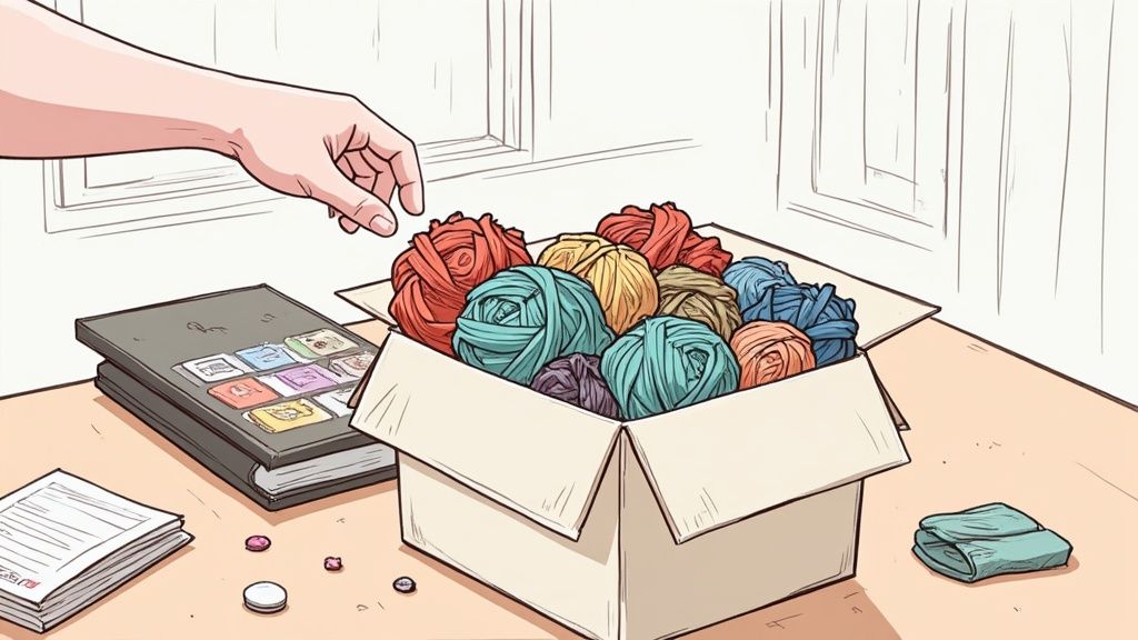 A woman smiles while organizing colorful yarn and craft supplies into clear containers.
