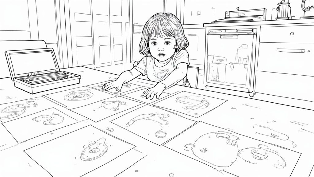 A child happily coloring a Bluey printable with various crayons scattered on the table