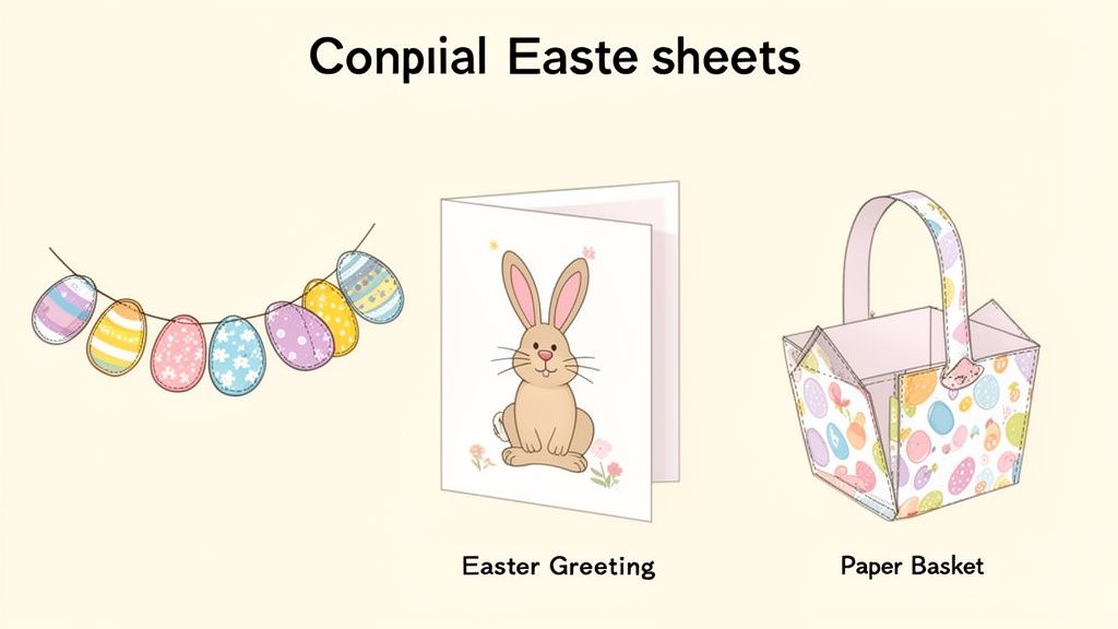 A collection of Easter craft sheet ideas: an egg garland, a bunny greeting card, and a decorative paper basket.