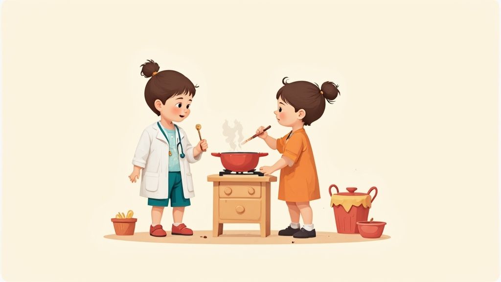 Two young children engage in imaginative play, one as a doctor and the other cooking on a toy stove.