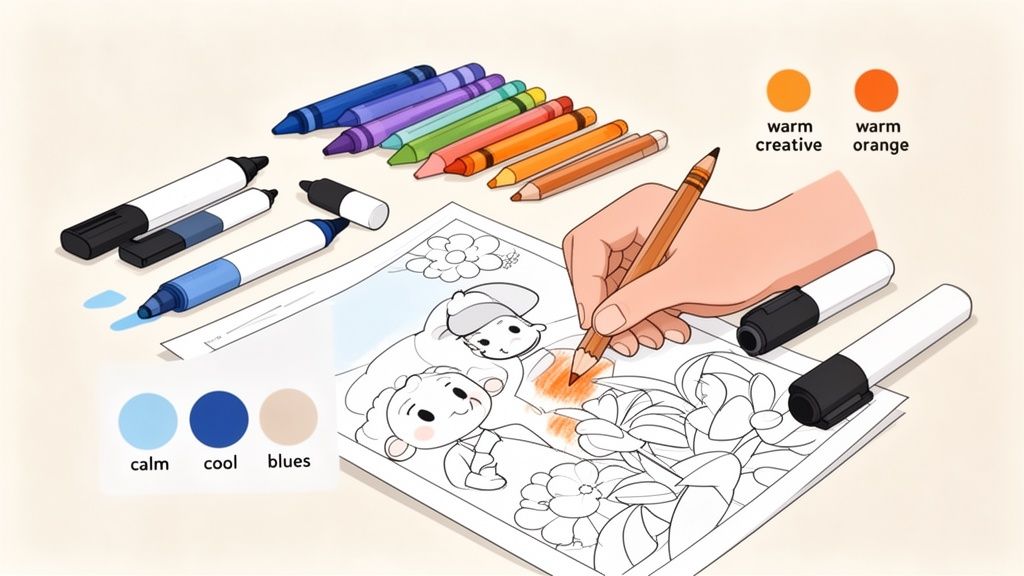 A hand colors a drawing of cartoon characters with an orange pencil amidst various art supplies and color palettes.
