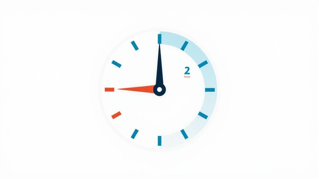 A simple clock face on a white background, showing 9 o'clock with a 2-hour timer segment.