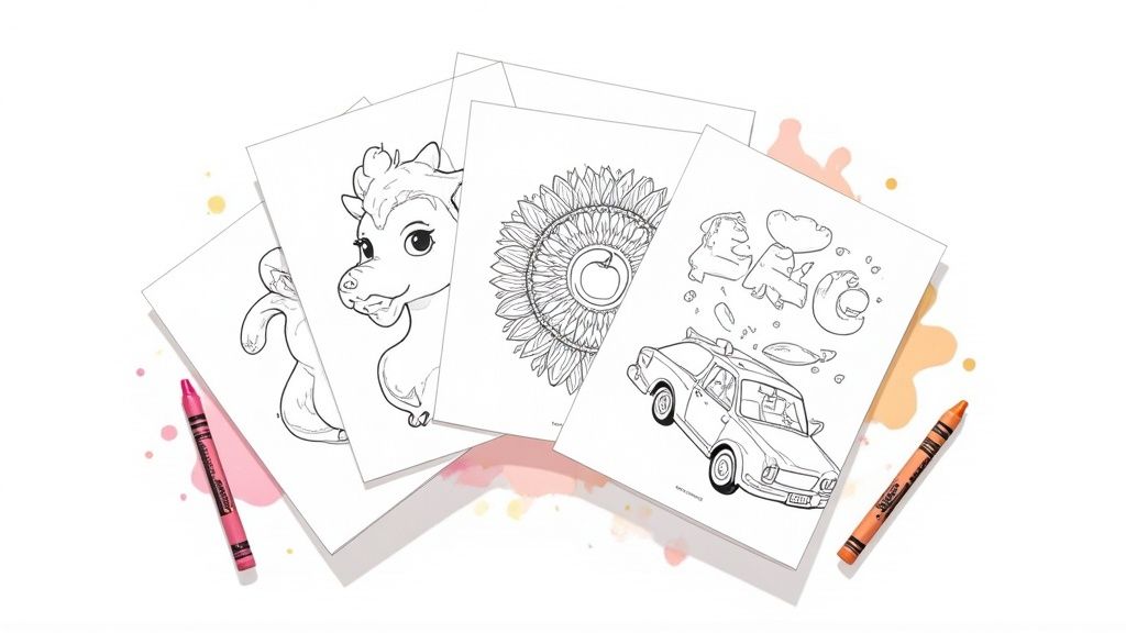 Various printable coloring pages featuring cartoon creatures, a sunflower, and a car, with two crayons.