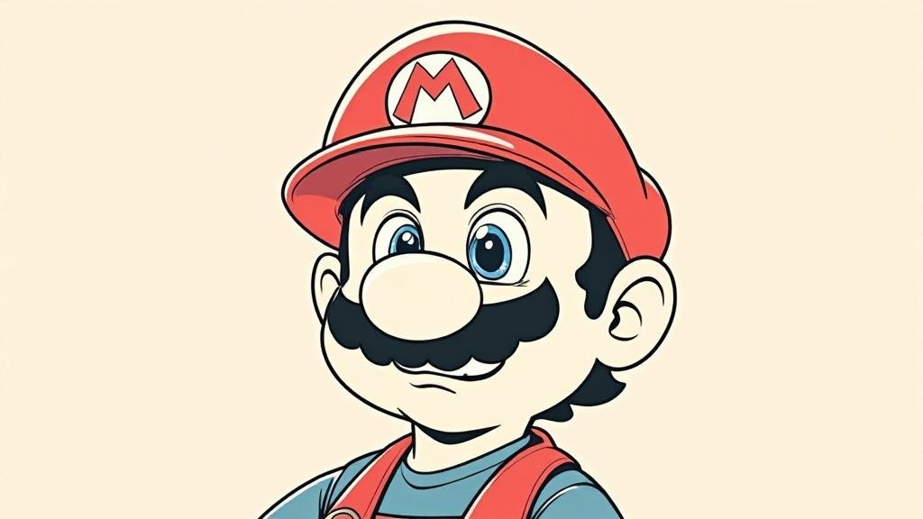 A sketch of Mario showing details like his eyes, mustache, and the M on his cap