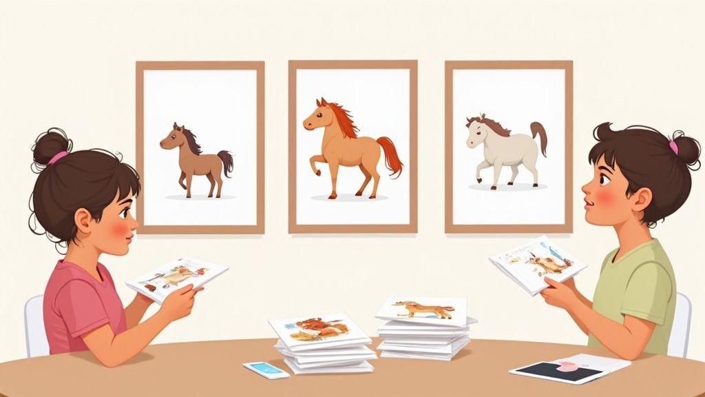 Two girls match horse pictures from a table to framed images on a white wall.