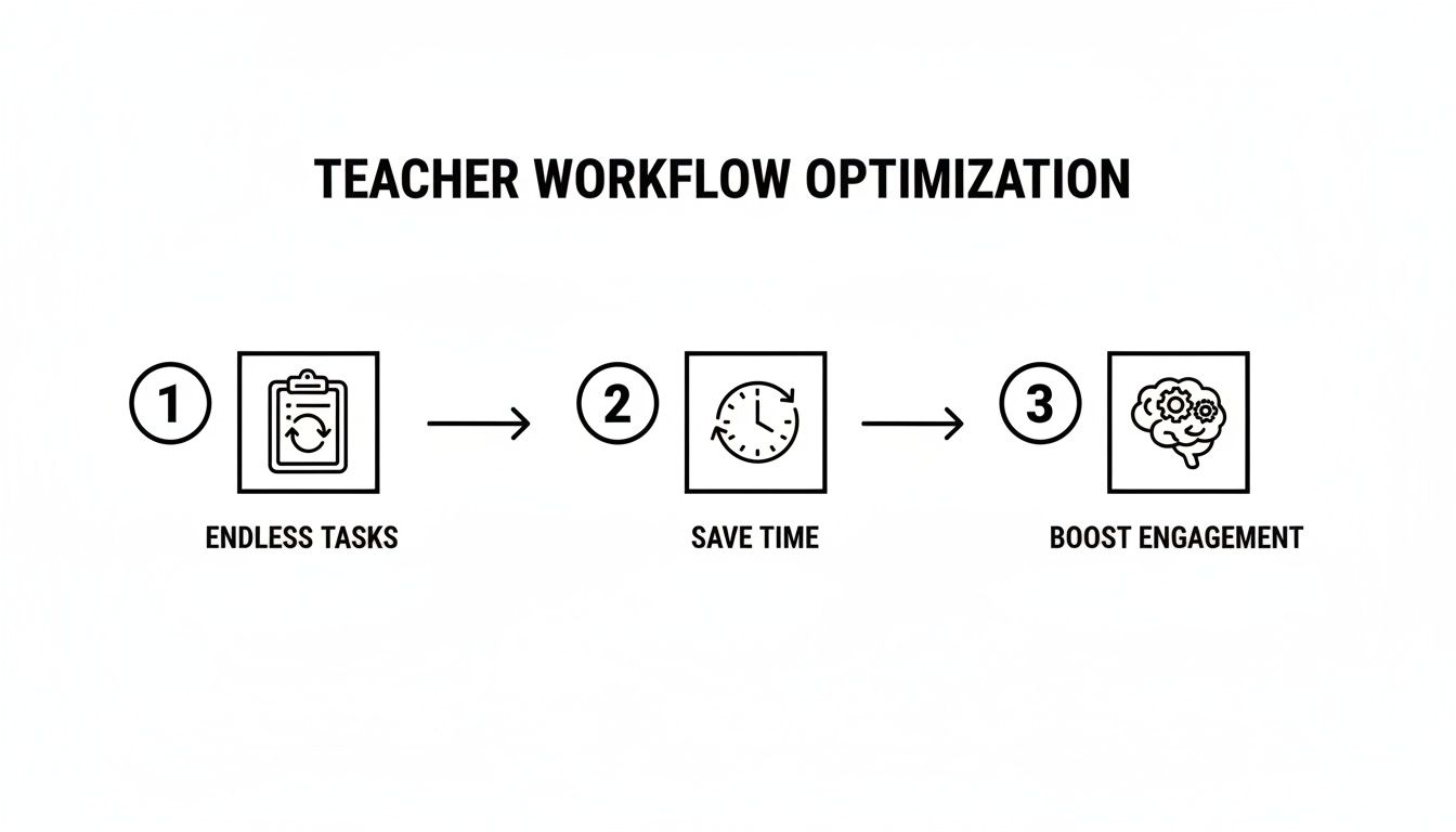 A three-step infographic showing teacher workflow optimization from endless tasks to saving time and boosting engagement.