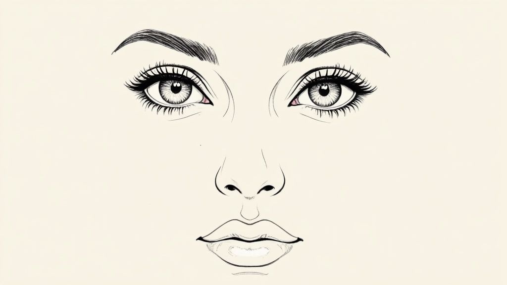A detailed illustration of Princess Jasmine's eyes, nose, and lips, highlighting their distinct shapes and proportions.