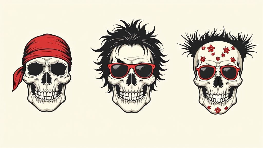 Three cartoon skull illustrations: one with a red bandana, one with spiky hair and sunglasses, and another with flowers.