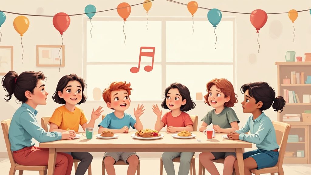 A group of six diverse children celebrate around a table with snacks and colorful balloons.