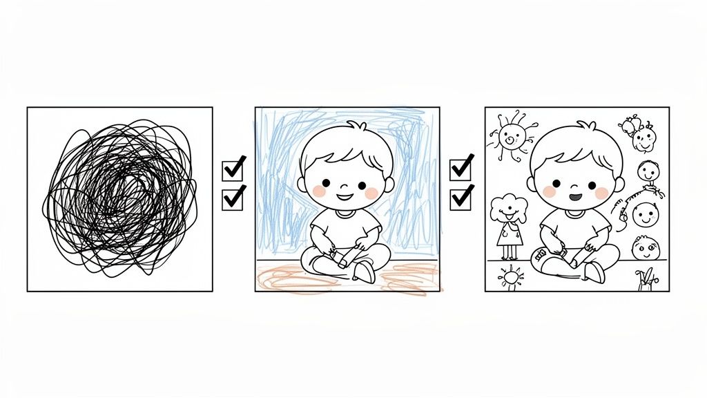 Three panels showing a child's artistic progression from scribbling to detailed coloring, featuring a happy baby.