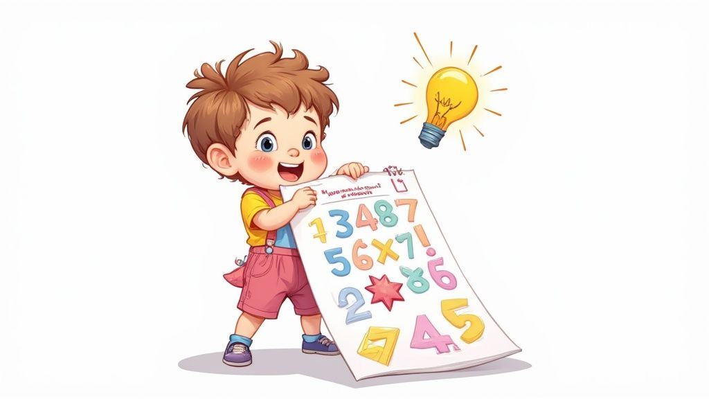 A happy cartoon boy holds a math worksheet with colorful numbers and symbols, under a glowing light bulb.