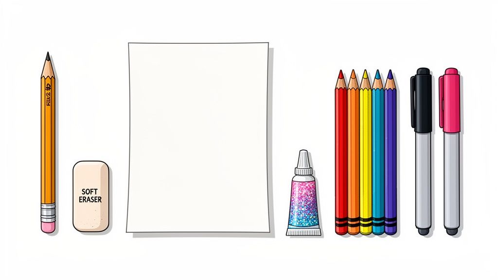 A collection of colorful art supplies: pencil, eraser, paper, glitter glue, colored pencils, and markers.