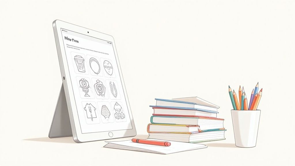 A child joyfully coloring on a printable coloring page with crayons scattered on the table.