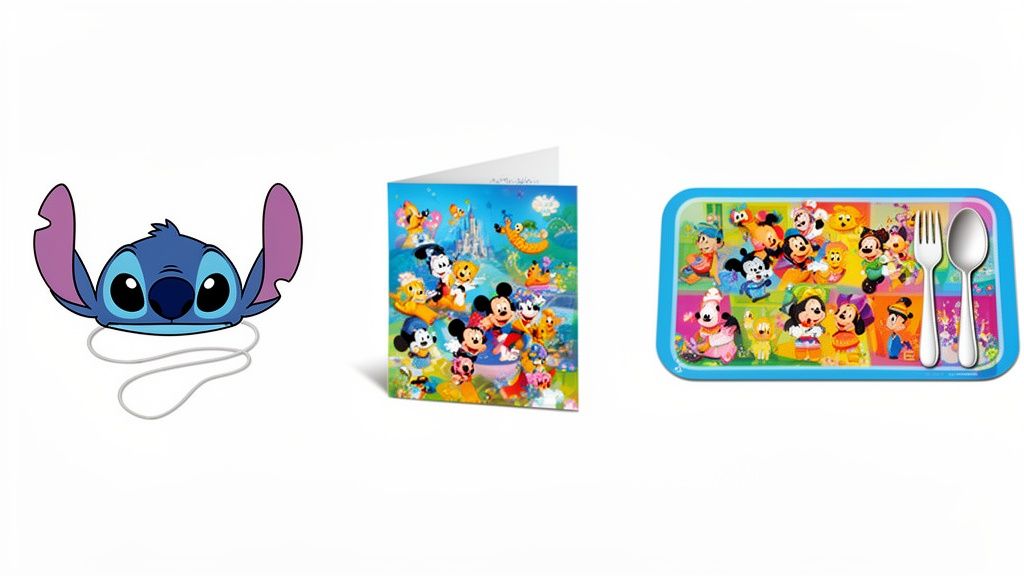 Three Disney-themed items: a Stitch face cutout, a Mickey Mouse greeting card, and a Disney characters placemat with cutlery.