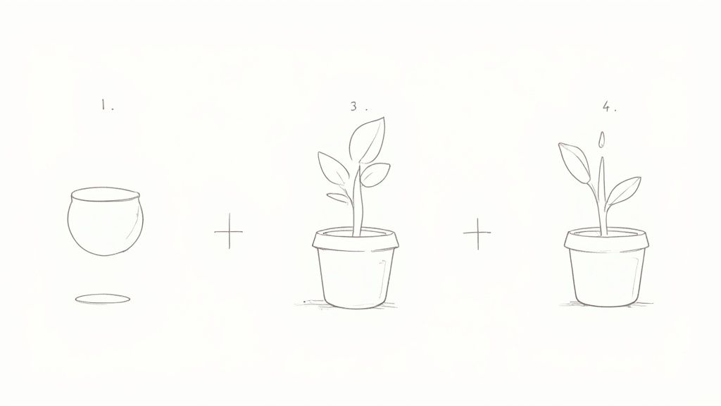 A child's hand drawing a simple green potted plant with a pencil.