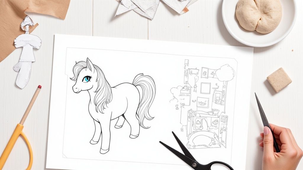 A white desktop with a pony coloring page, paper crafts, art tools, and dough for a creative activity.