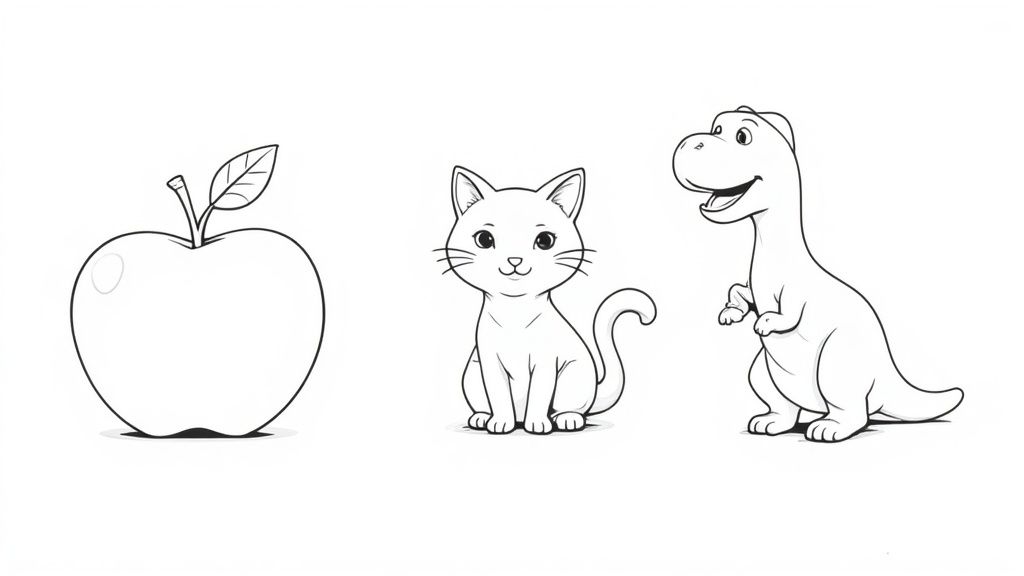 A child happily coloring with various crayons and markers on a simple coloring page.