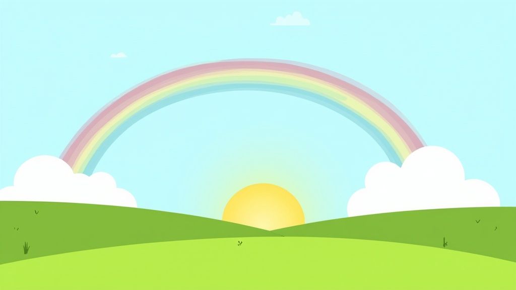 A child's drawing of a rainbow over green hills with a sun and clouds