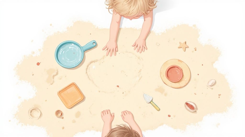 Overhead view of two children's hands playing in sand with various beach toys and a heart drawn.