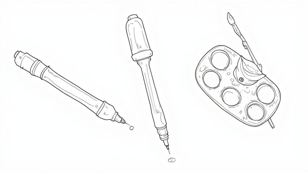 A vibrant assortment of coloring tools like chunky markers, watercolors, and dot markers next to a preschooler's coloring page.