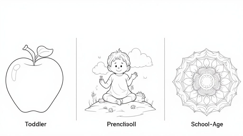Three age-appropriate coloring pages: apple for toddlers, child meditating for preschool, mandala for school-age kids