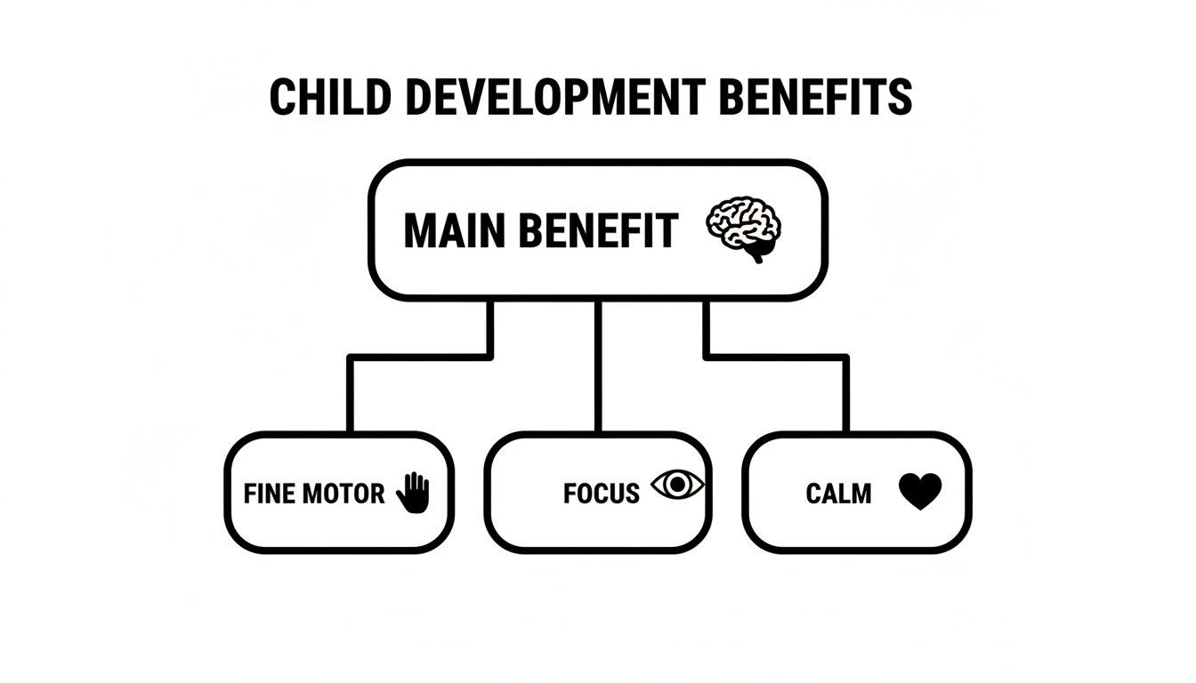 A diagram illustrating child development benefits, showing main benefits related to fine motor skills, focus, and calmness.