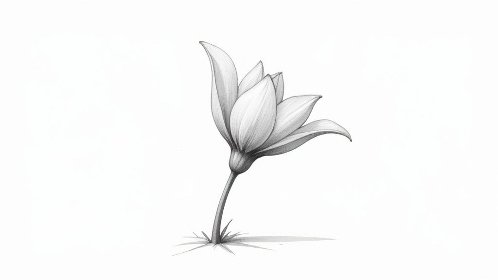 A detailed pencil sketch of a flower showing realistic shading on the petals.