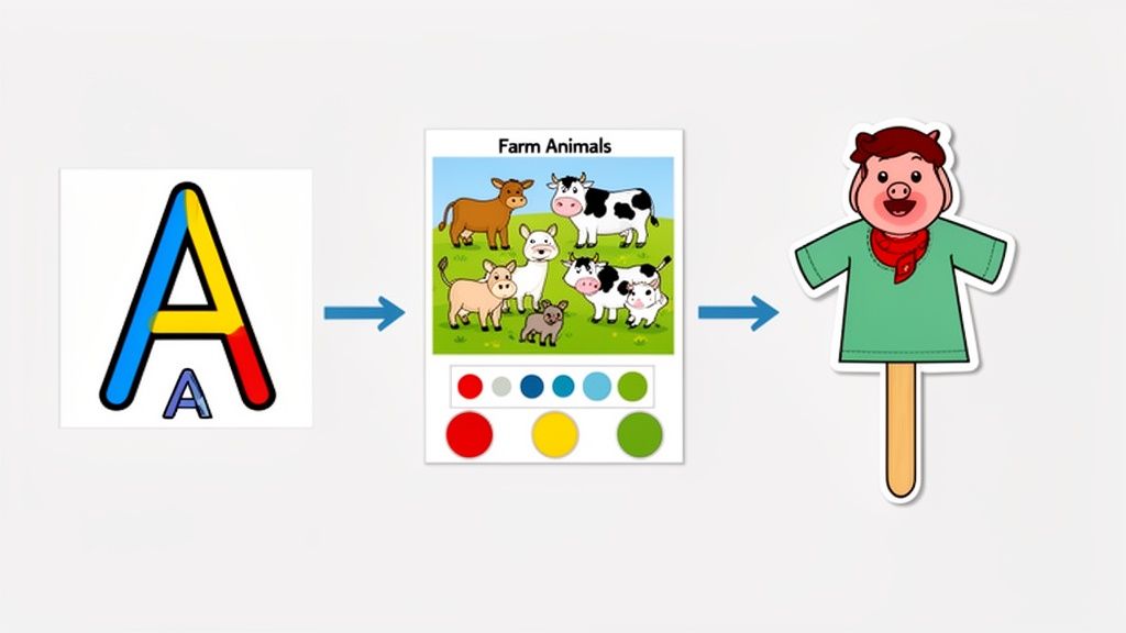 Educational steps for children: a letter A coloring guide, farm animal coloring page, and a pig puppet craft.