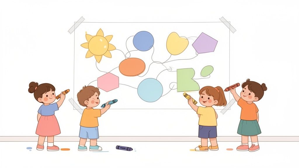 Four smiling children happily drawing colorful shapes and lines on a large paper taped to a white wall.