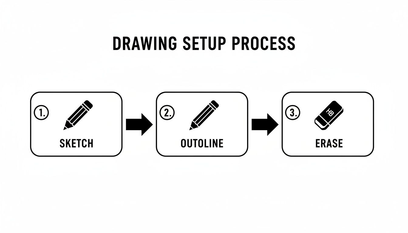 A three-step drawing process showing icons for sketch, outline (both with a pencil), and erase (with an HB eraser).