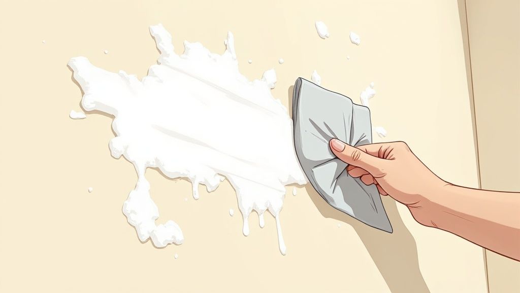 Person spraying a cleaning solution onto a crayon-marked wall