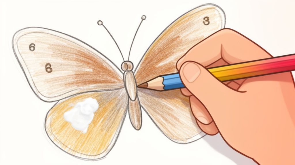 A person's hand colors a butterfly drawing using a pencil, following a color-by-number guide.