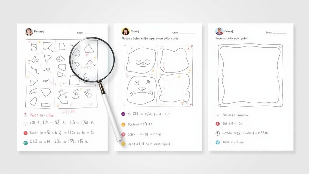 Three white worksheets with various shapes, cartoon faces, and math problems, with a magnifying glass.