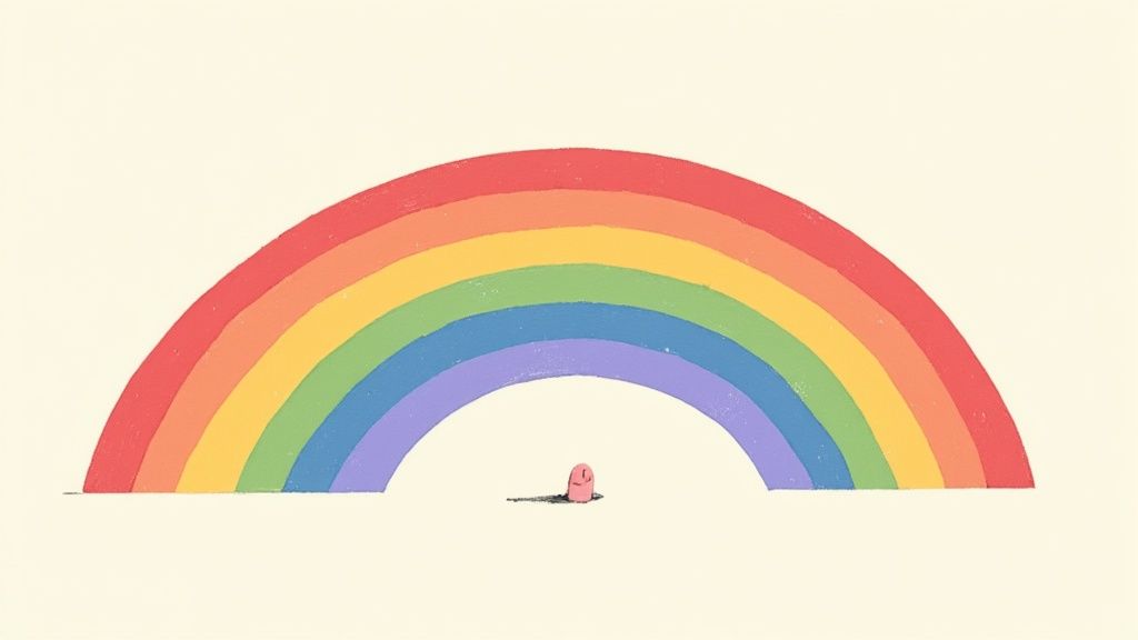 A hand drawing the colorful arcs of a rainbow