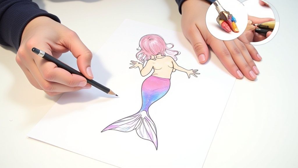 Child's hands drawing and coloring a mermaid illustration with colored pencils on white paper