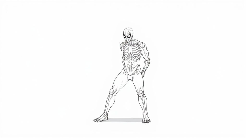 A sketch showing the basic shapes and stick-figure foundation for drawing a Spider-Man pose