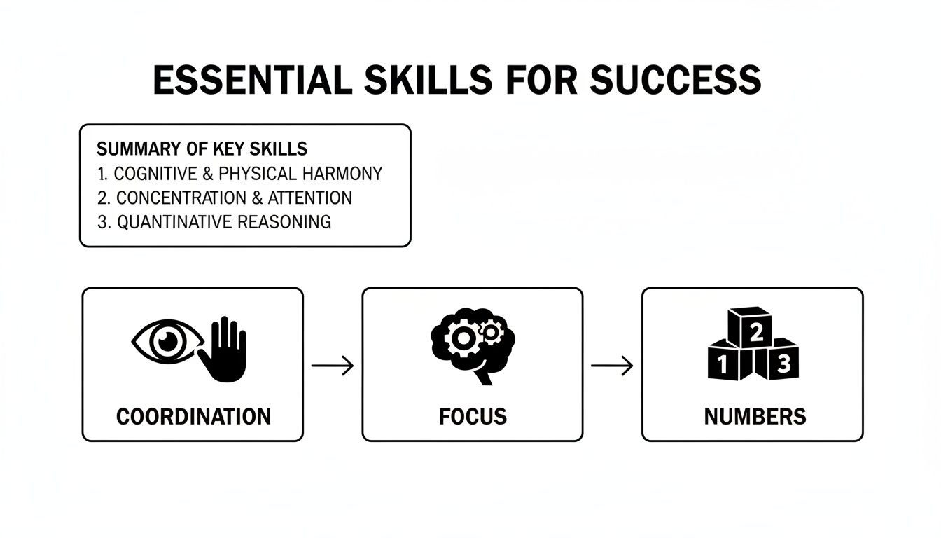 Flowchart illustrating essential skills for success including coordination, focus, and quantitative reasoning.