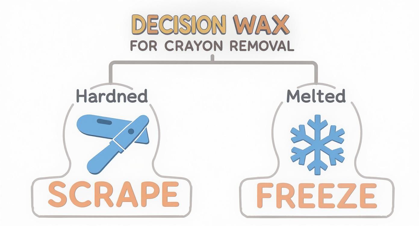 Infographic decision tree for removing crayon wax from clothing, showing options for hardened blobs versus melted-in stains.