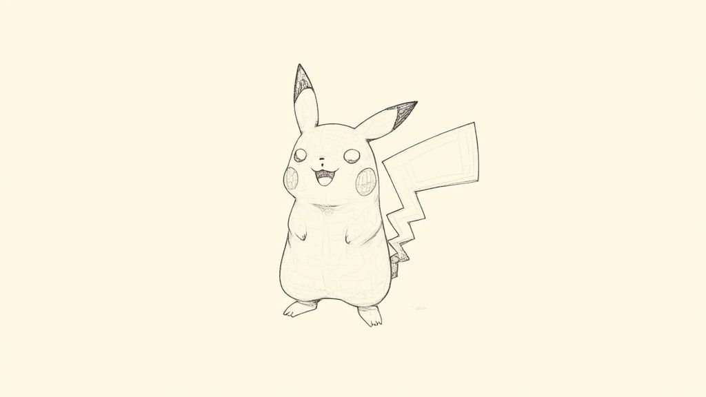 Three popular Pokémon characters, Pikachu, Charmander, and Bulbasaur, shown as basic construction sketches transitioning into their final forms.