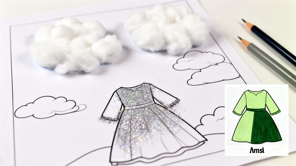 A coloring page with a glittery dress, cotton clouds, and pencils for a creative activity.