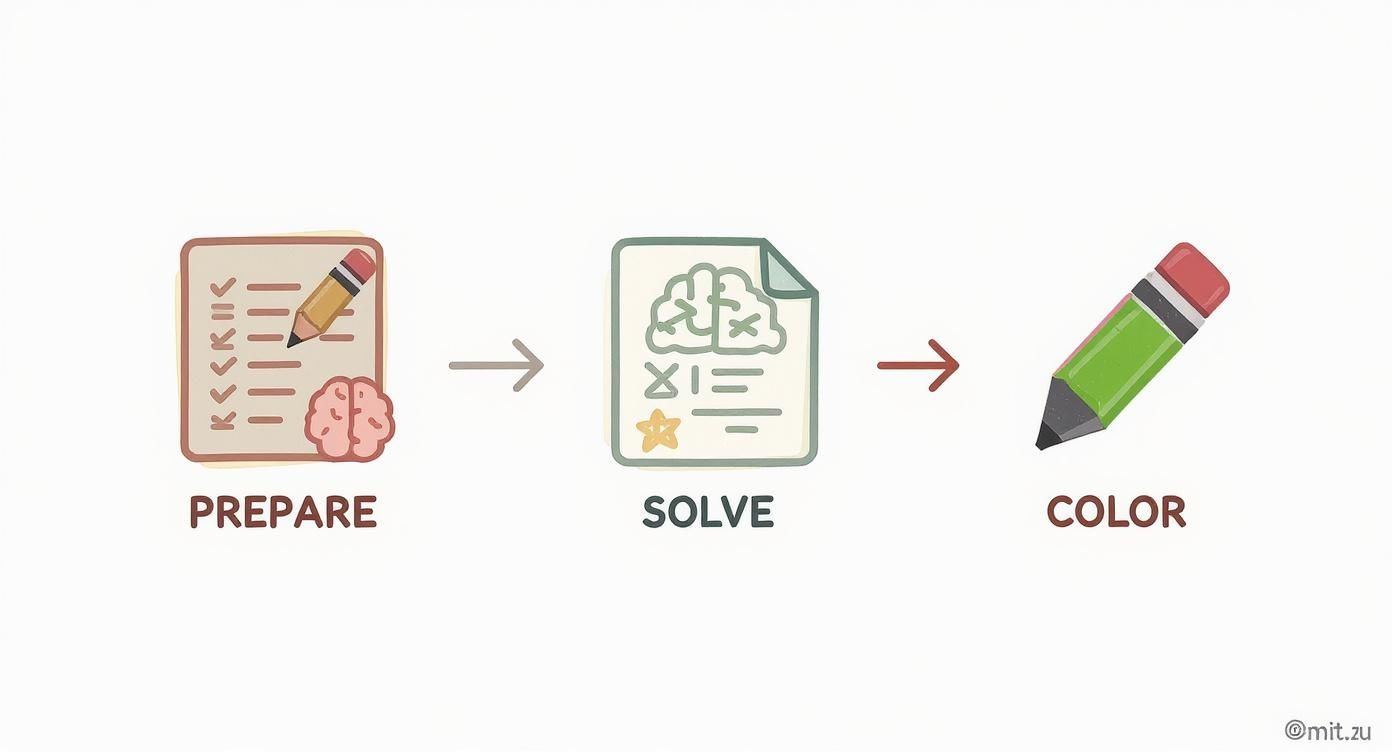 Three-step process: Prepare (checklist, brain), Solve (document, brain), and Color (pencil) for an activity.