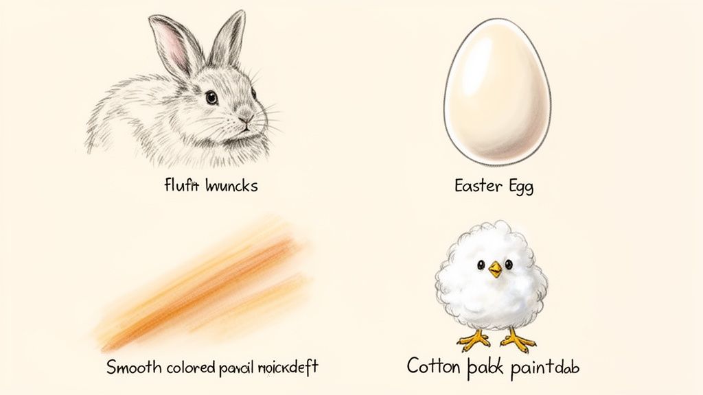 Four illustrated Easter elements: a fluffy bunny, an egg, smooth colored pencil strokes, and a cute chick.