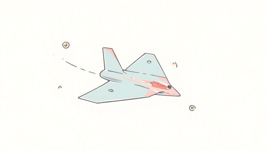 A cute, cartoon-style light blue airplane with pink accents and a small eye flies on a white background.